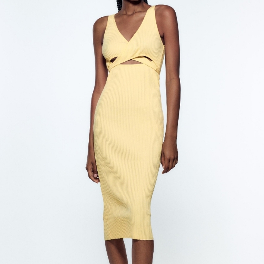 NEW Zara ribbed butter yellow cutout tie midi sleeveless knit dress M